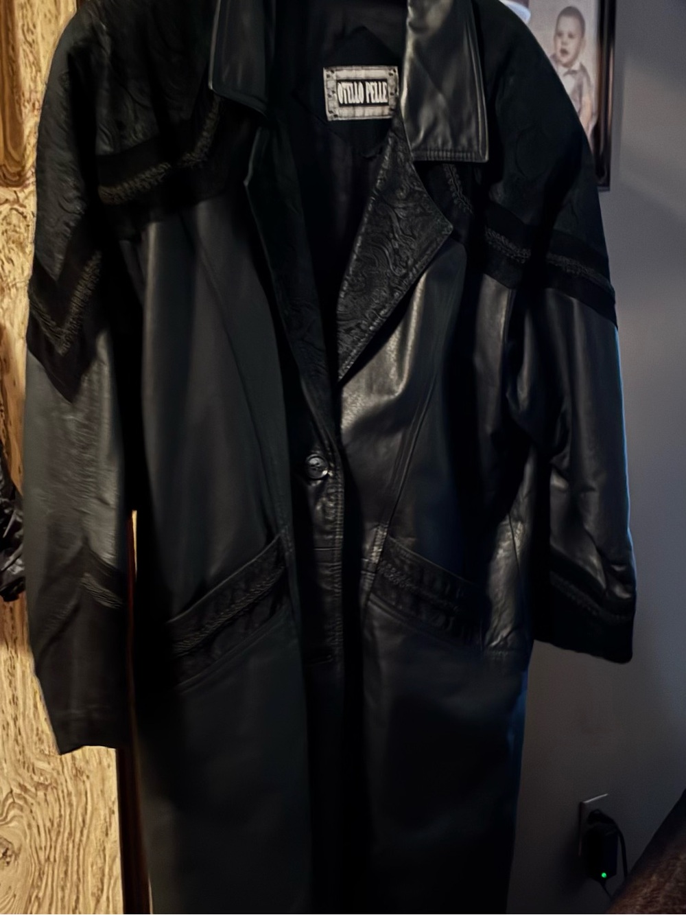 Vintage 1980s Black Genuine Leather Maxi Coat Paisley Western